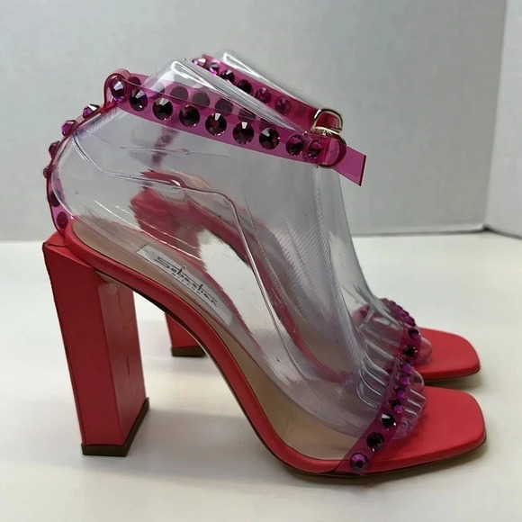 Sebastian Milano High Heels Shoes Pumps Open Toe Ankle Strap Jeweled Pink 38 7.5 - Picture 4 of 11